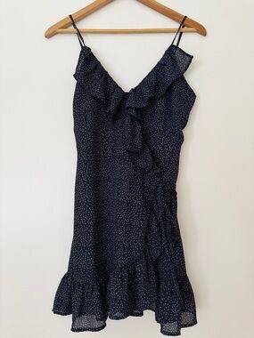 Windsor Navy Mini Tie Wrap Dress with White Polka Dots and Ruffle Trim Small